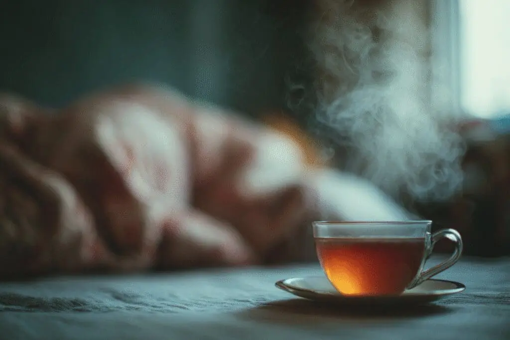 Eine Person ruht im Bett mit Tee als Symptom für einen grippalen Infekt