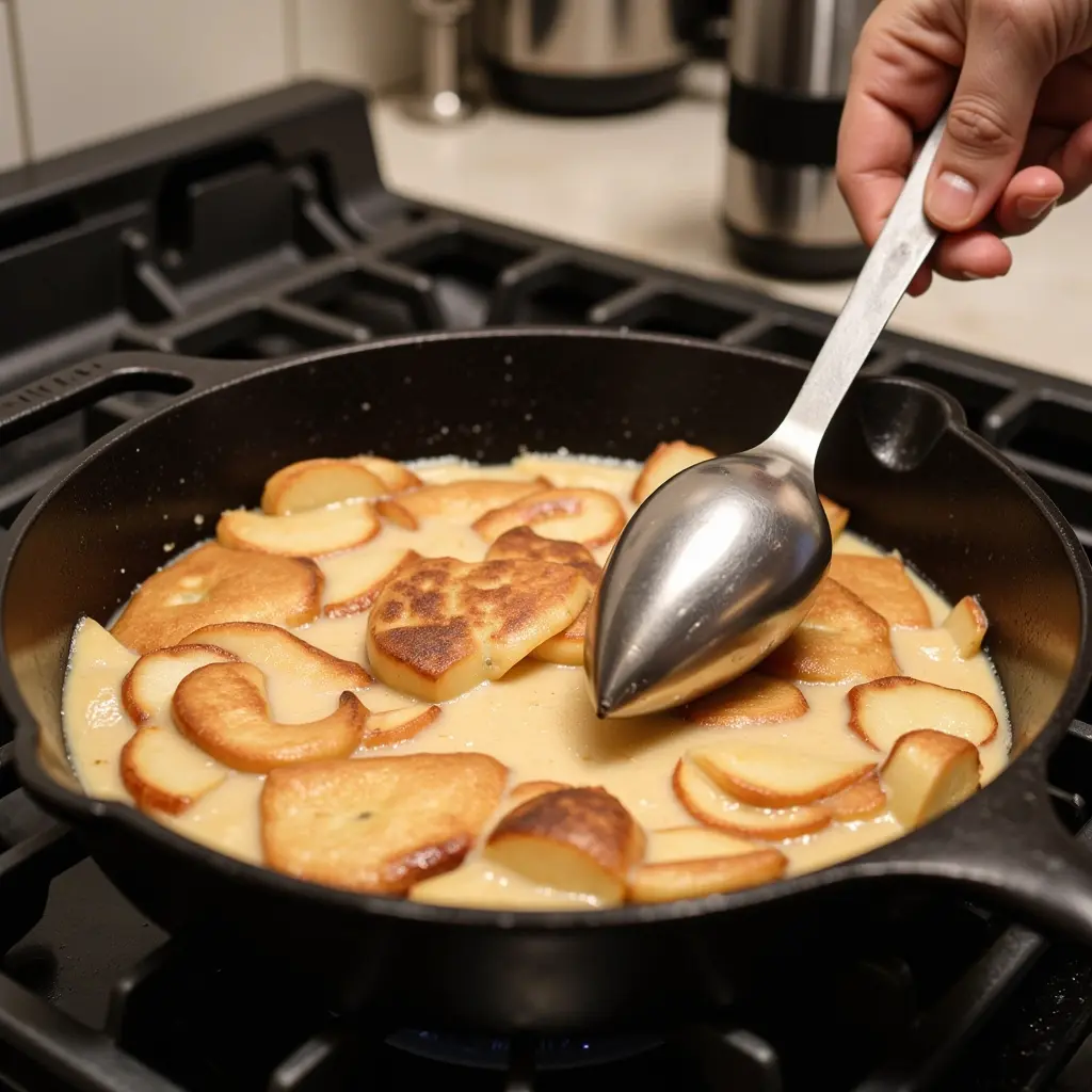 ein apfelpfannkuchen wird in der pfanne gewendet was die zubereitung nach omas art zeigt ein apfelpfannkuchen wird in der pfanne gewendet was die zubereitung nach omas art zeigt