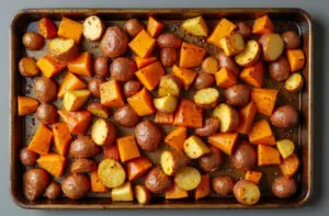 ein blech mit perfekt geröstetem gemüse und kartoffeln das das ideale ergebnis für ofengemüse mit kartoffeln wie lange im ofen darstellt