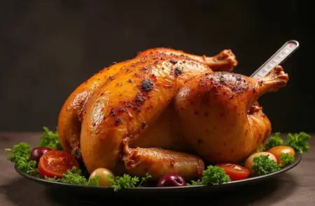 ein ganzes goldbraunes brathähnchen das das perfekte ergebnis für kilo hähnchen wie lange im backofen zeigt