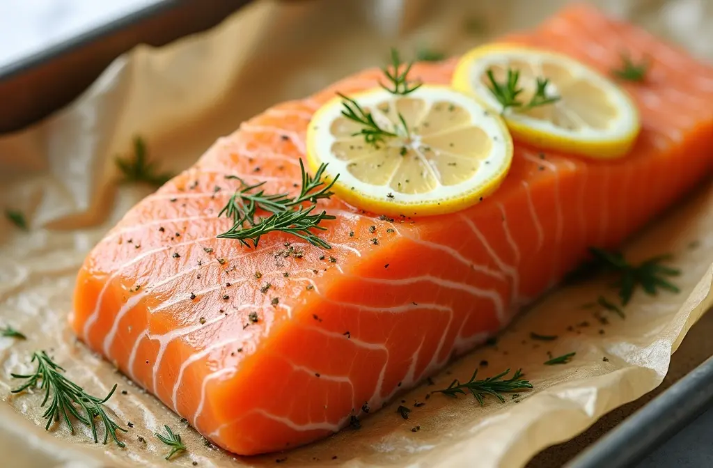 ein gewürztes lachsfilet eingepackt in backpapier bereit für den ofen