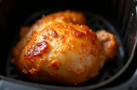 ein hähnchenschenkel mit knuspriger haut der das perfekte ergebnis für hähnchen im airfryer wie lange darstellt