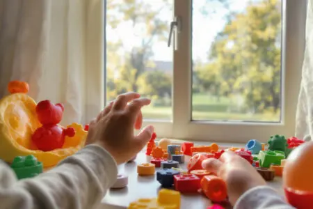 ein kind spielt drinnen während draußen die sonne scheint als antwort darauf wie lange man bei der hand-fuß-mund-krankheit zu hause bleiben muss