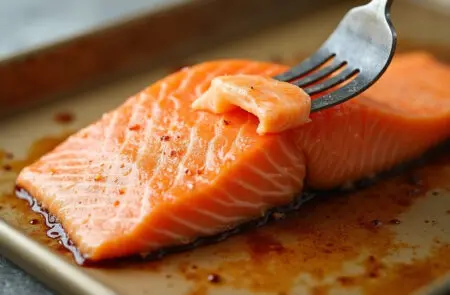 ein lachsfilet das sich leicht mit einer gabel zerteilen lässt und das ergebnis für lachs im ofen wie lange darstellt