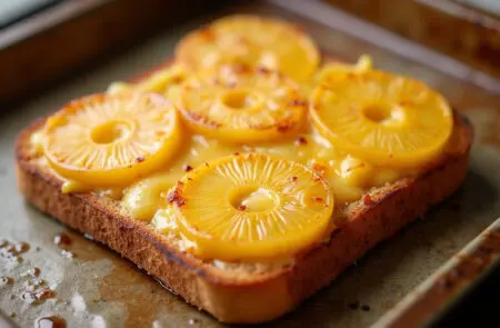 ein perfekt überbackener hawaii toast der zeigt wie das ergebnis für hawaii toast wie lange im ofen aussieht