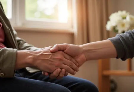 ein sanftes foto von händen die sich halten als symbol für trost würde und unterstützung in der palliativversorgung