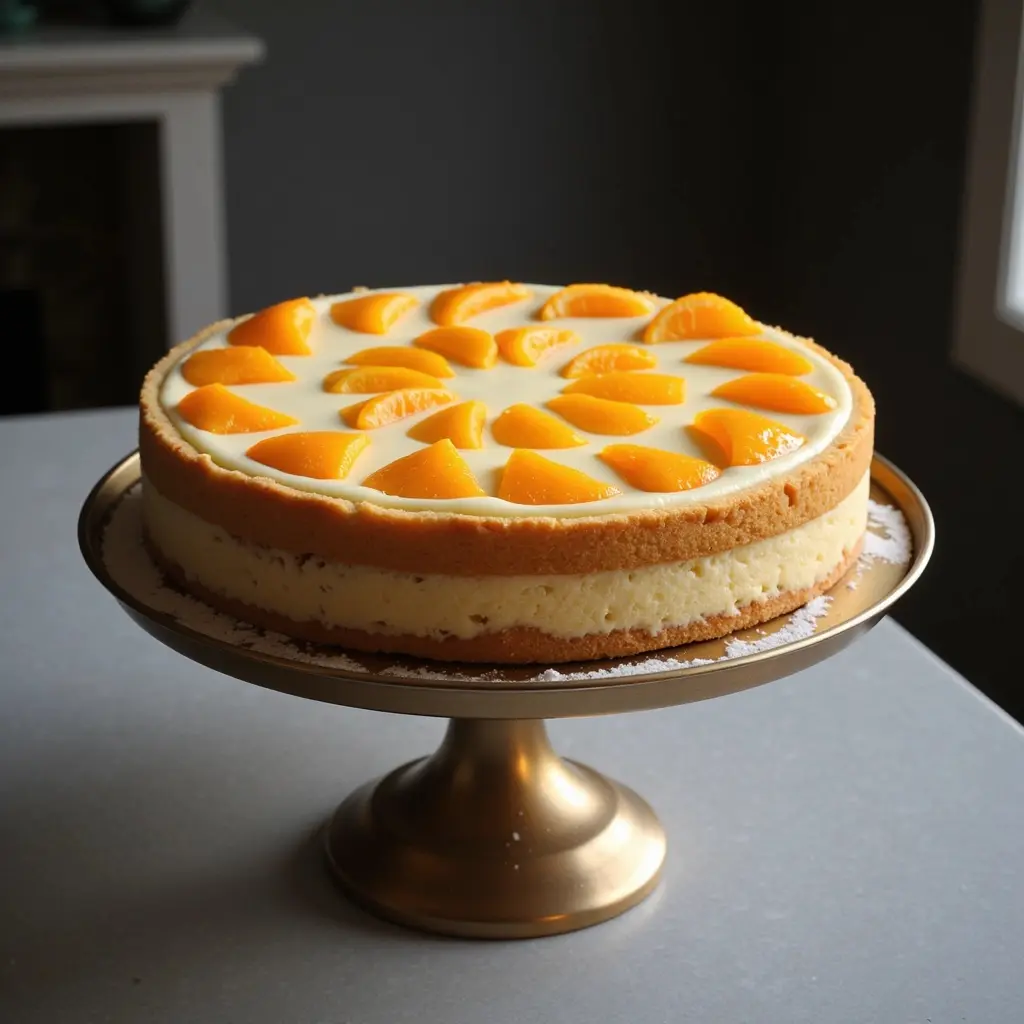 eine ganze perfekt dekorierte käse-sahne-torte auf einem tortenständer