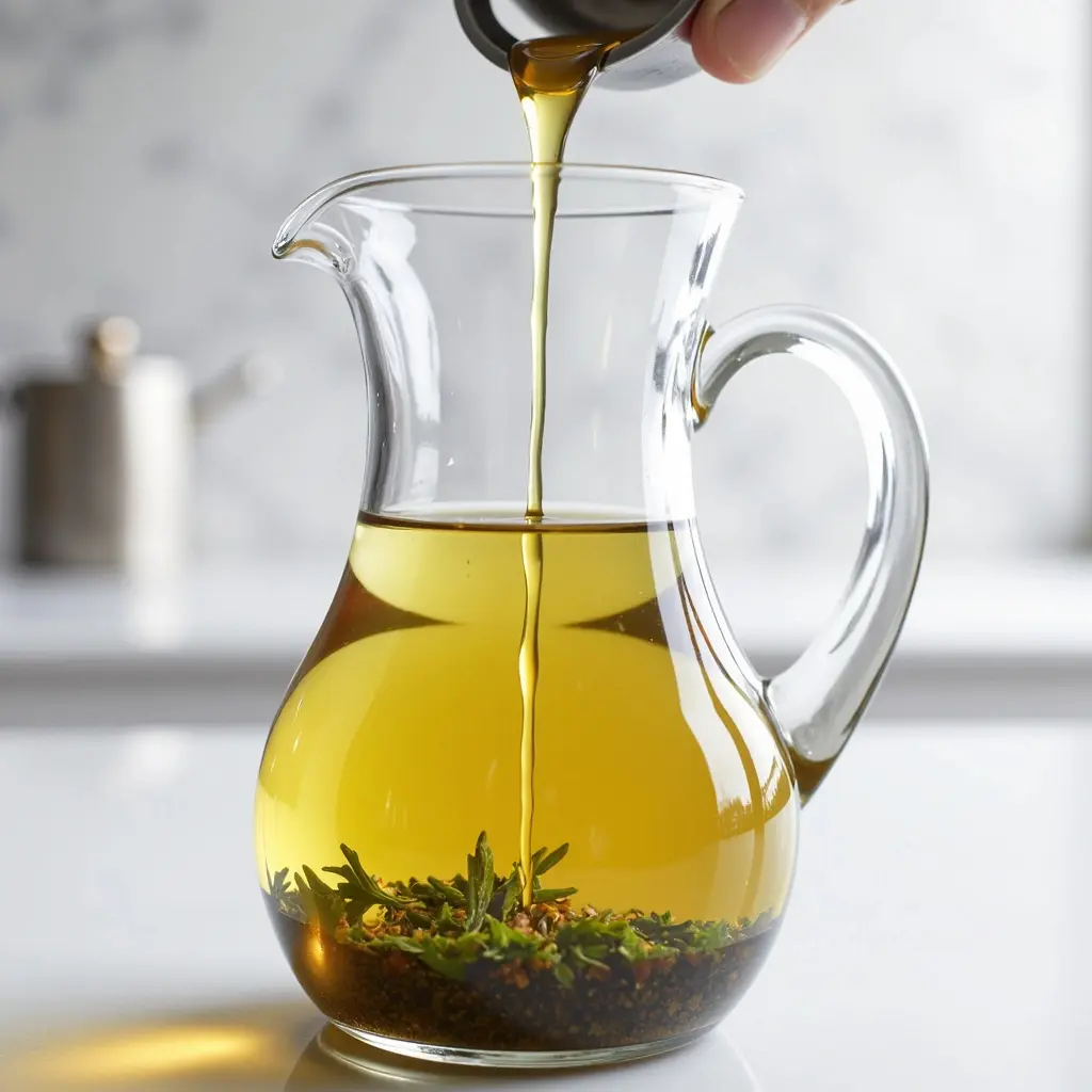 eine karaffe die die getrennten schichten von essig und Öl vor dem mischen des dressings zeigt eine karaffe die die getrennten schichten von essig und Öl vor dem mischen des dressings zeigt