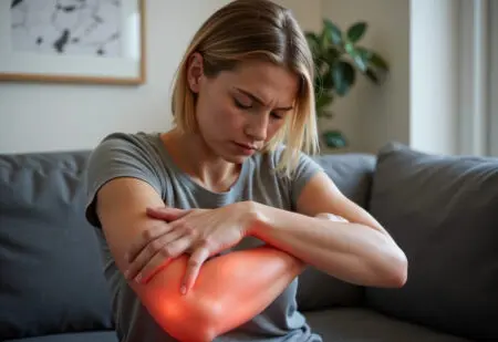 eine person die ihre schmerzenden arme massiert was das gefühl eines beidseitigen muskelkaterähnlichen schmerzes darstellt eine person die ihre schmerzenden arme massiert was das gefühl eines beidseitigen muskelkaterähnlichen schmerzes darstellt