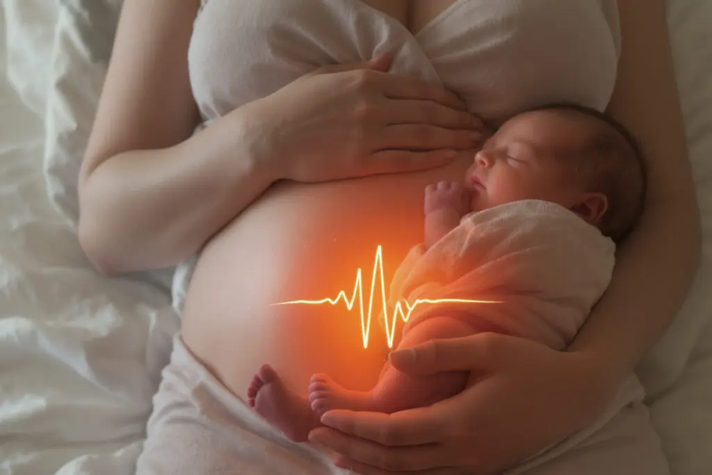 eine sanfte pulsierende wärme im bauch einer neuen mutter die ihr baby hält als symbol dafür wie lange nachwehen dauern
