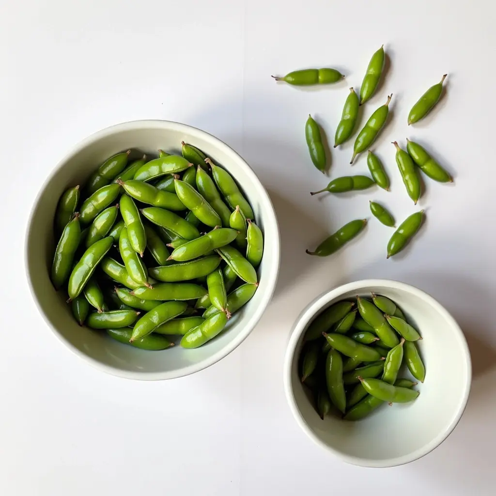eine schüssel mit gedämpften edamame neben einer leeren schüssel für die schalen eine schüssel mit gedämpften edamame neben einer leeren schüssel für die schalen