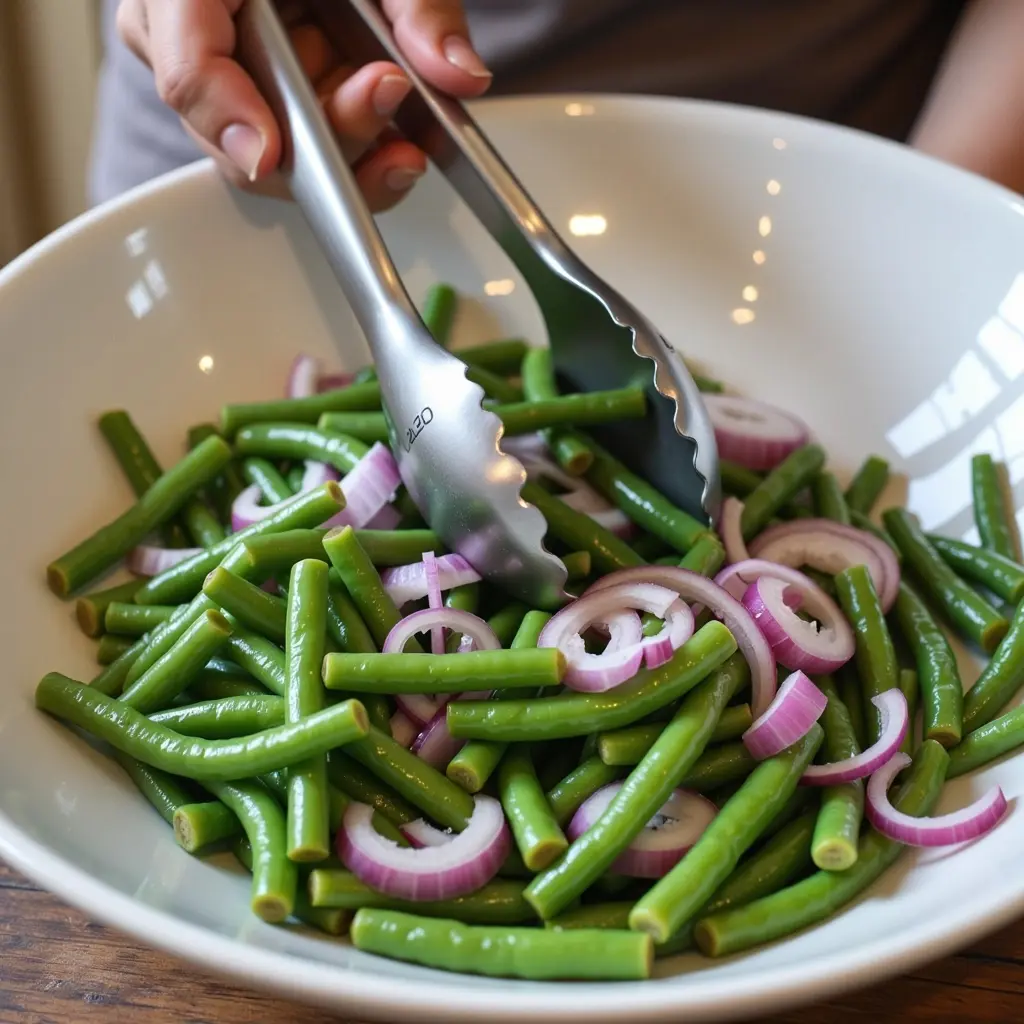 frische grüne bohnen werden in einer schüssel mit zwiebeln und dressing für den salat gemischt frische grüne bohnen werden in einer schüssel mit zwiebeln und dressing für den salat gemischt
