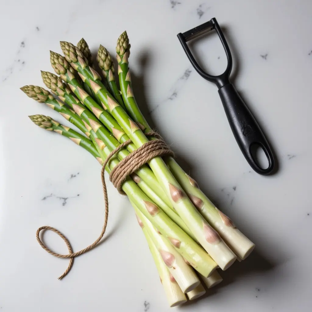 frischer ungeschälter spargel der neben einem sparschäler liegt und für das kochen vorbereitet wird frischer ungeschälter spargel der neben einem sparschäler liegt und für das kochen vorbereitet wird