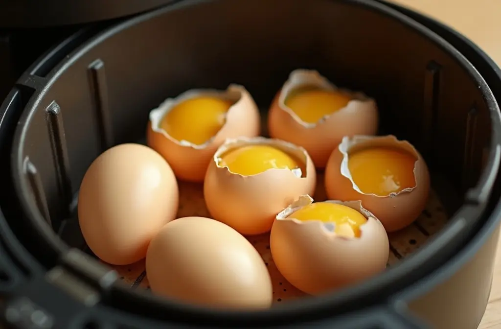 ganze gekochte eier in einem airfryer-korb die zeigen wie eier im airfryer zubereitet werden ganze gekochte eier in einem airfryer-korb die zeigen wie eier im airfryer zubereitet werden