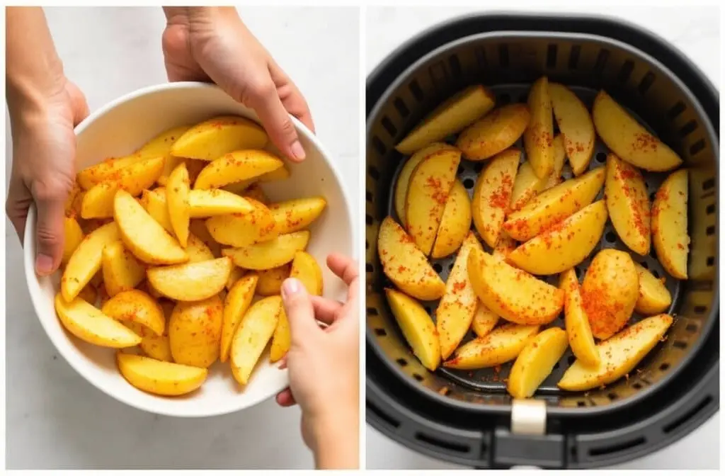 gewürzte rohe kartoffelspalten in einer schüssel bereit für den airfryer gewürzte rohe kartoffelspalten in einer schüssel bereit für den airfryer