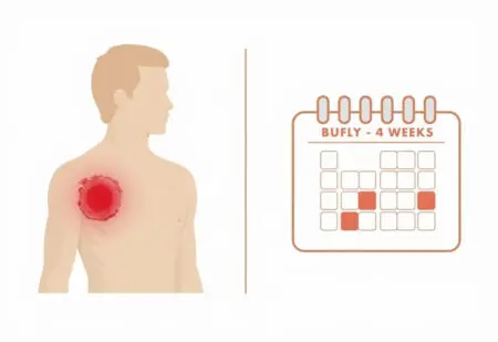 illustration einer schmerzhaften schulter-schleimbeutelentzündung neben einem kalender der die erwartete krankheitsdauer darstellt