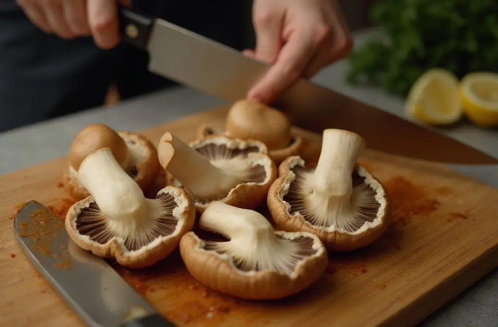 kräuterseitlinge die der länge nach geschnitten werden um sie zu braten kräuterseitlinge die der länge nach geschnitten werden um sie zu braten