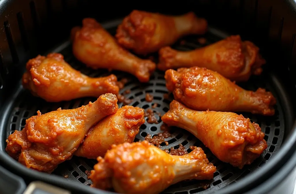 marinierte hähnchenflügel im airfryer-korb bereit für die zubereitung