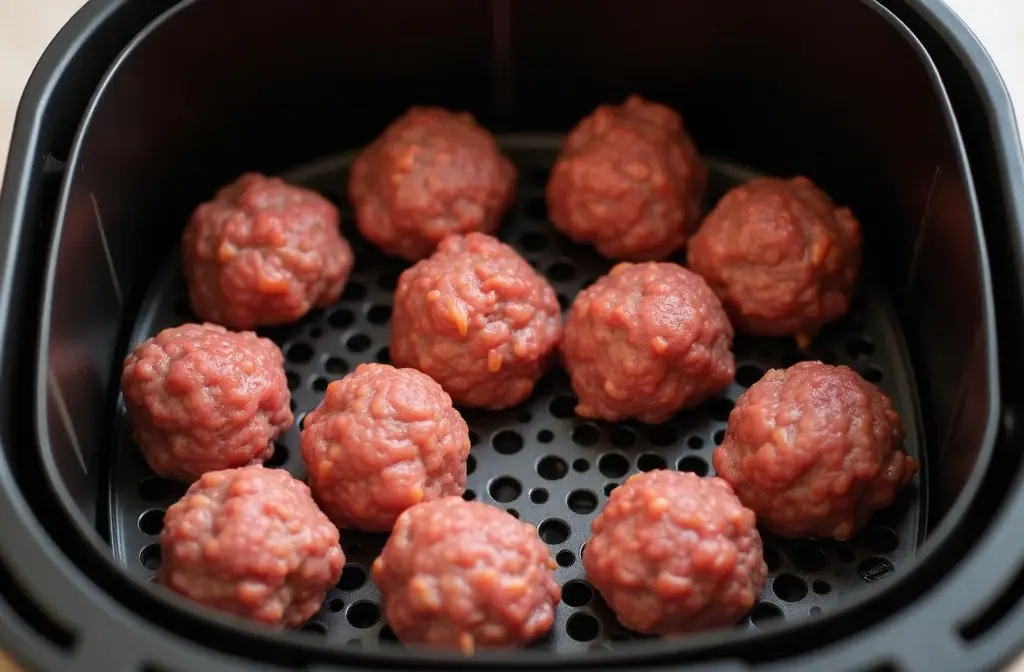 rohe geformte frikadellen im airfryer-korb bereit für die zubereitung rohe geformte frikadellen im airfryer-korb bereit für die zubereitung