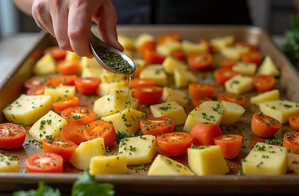 rohes gewürztes gemüse und kartoffeln auf einem backblech bereit für den ofen rohes gewürztes gemüse und kartoffeln auf einem backblech bereit für den ofen