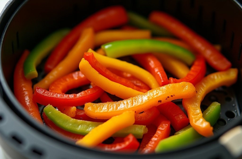 bunte paprikastreifen mit leichten röstspuren die das ergebnis für paprika heißluftfritteuse wie lange illustrieren bunte paprikastreifen mit leichten röstspuren die das ergebnis für paprika heißluftfritteuse wie lange illustrieren