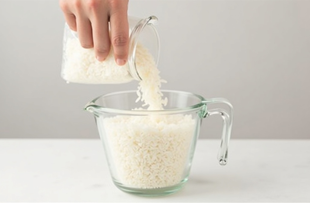 das abmessen der richtigen menge reis vor dem kochen in einem messbecher