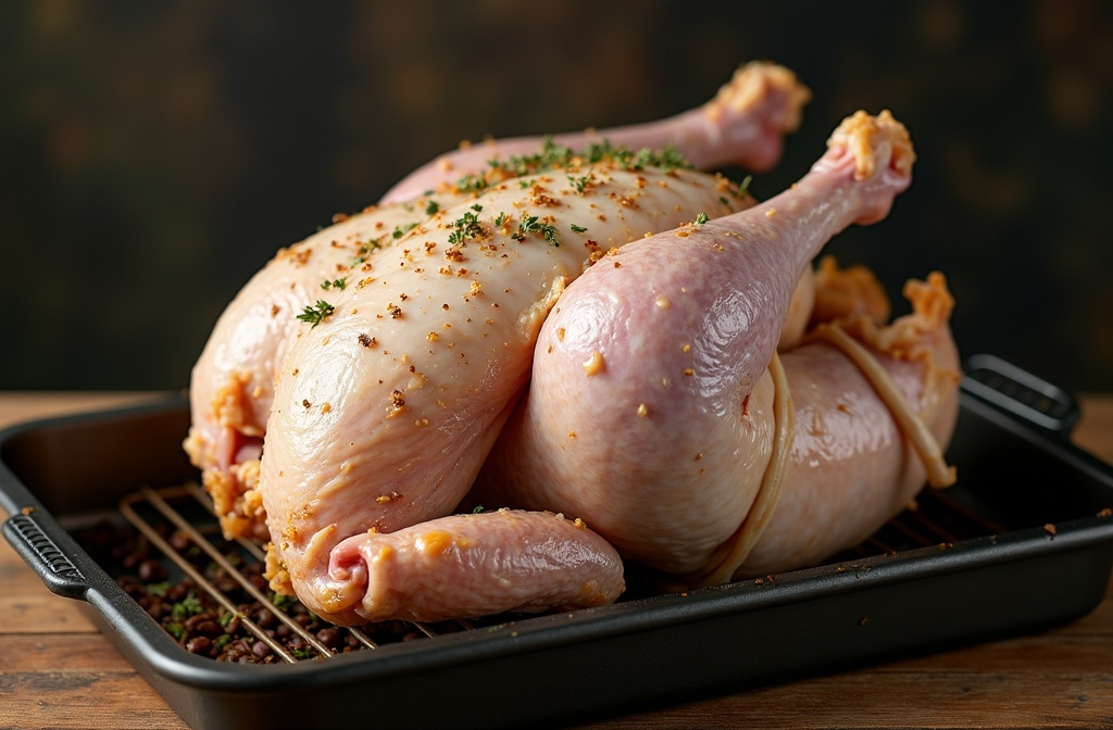 ein ganzes gewürztes hähnchen auf einem rost bereit für den backofen ein ganzes gewürztes hähnchen auf einem rost bereit für den backofen