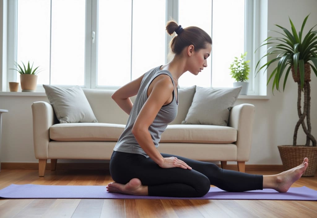 eine person bei einer leichten rückenübung zu hause was die rehabilitationsphase nach einer prt-spritze darstellt