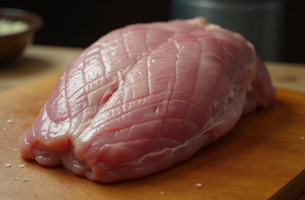 eine rohe entenbrust mit eingeritzter haut die für die zubereitung im ofen bei 180 grad bereit ist