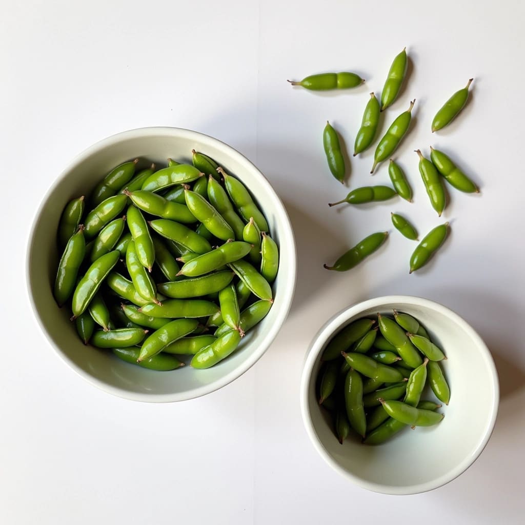 eine schüssel mit gedämpften edamame neben einer leeren schüssel für die schalen