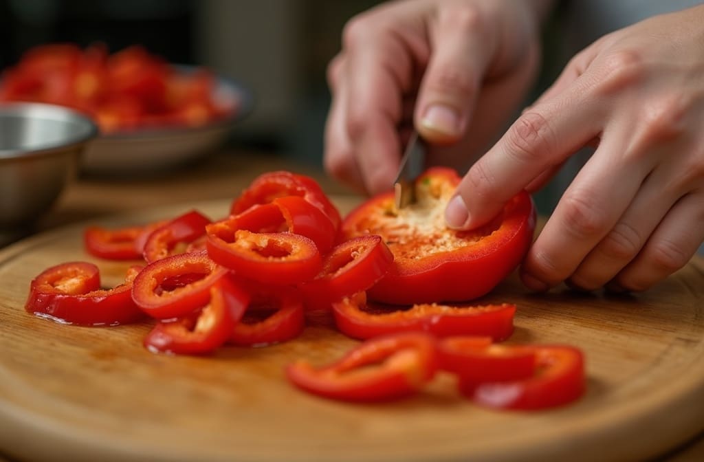 frische paprika wird in streifen geschnitten als vorbereitung für die heißluftfritteuse
