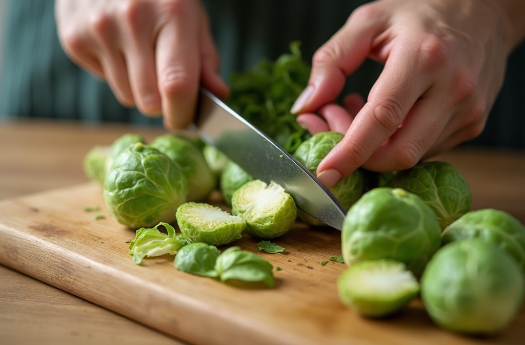frischer rosenkohl wird geputzt und für das kochen vorbereitet frischer rosenkohl wird geputzt und für das kochen vorbereitet