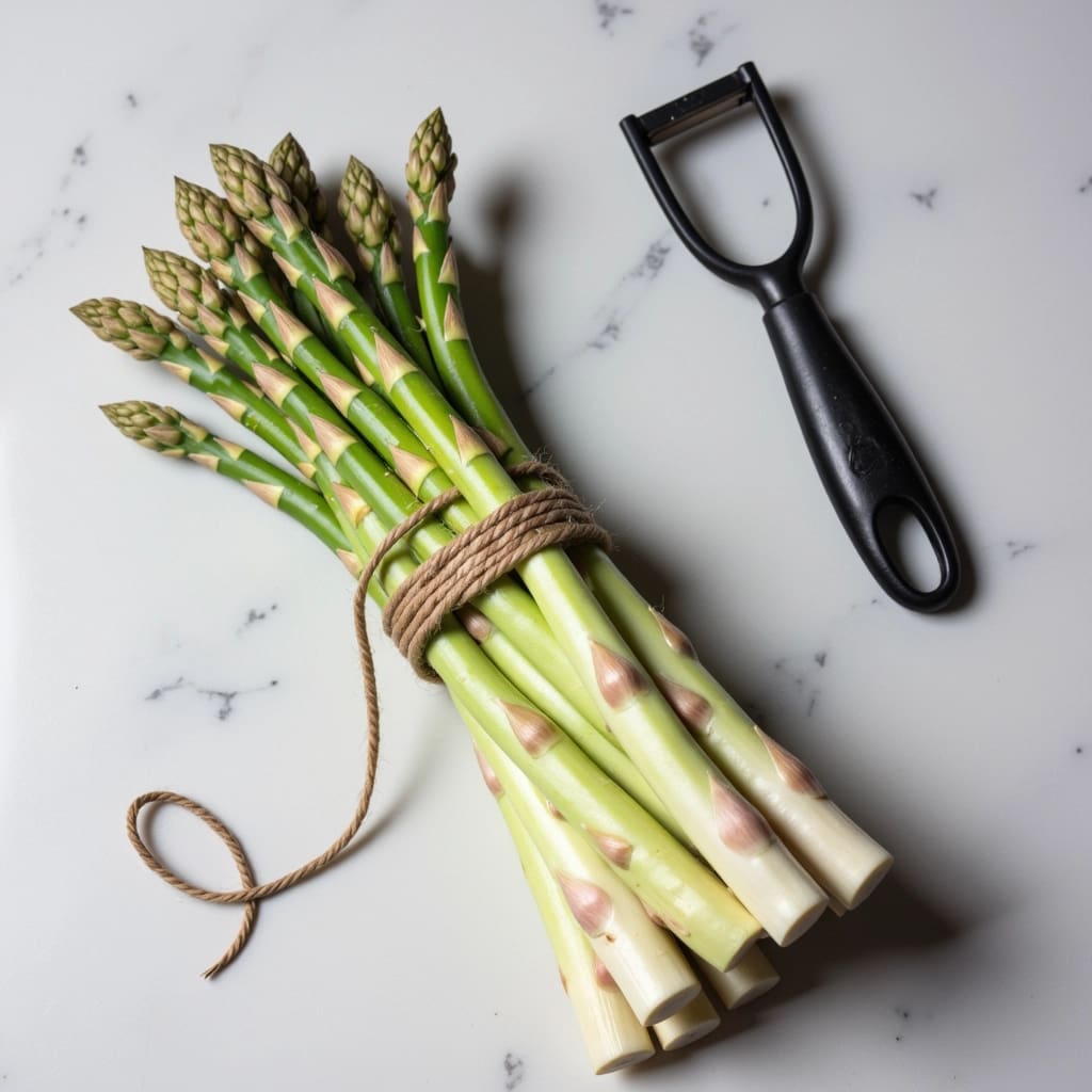 frischer ungeschälter spargel der neben einem sparschäler liegt und für das kochen vorbereitet wird