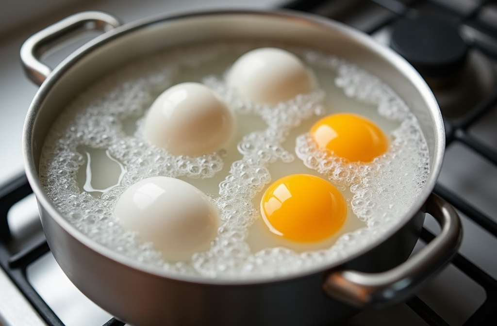 ganze eier in kochendem wasser bereit für die zubereitung als hartgekochte eier ganze eier in kochendem wasser bereit für die zubereitung als hartgekochte eier