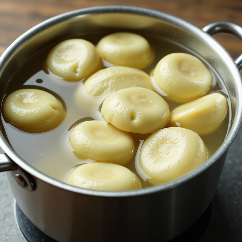 hausgemachte kartoffelknödel die im topf in heißem wasser kochen