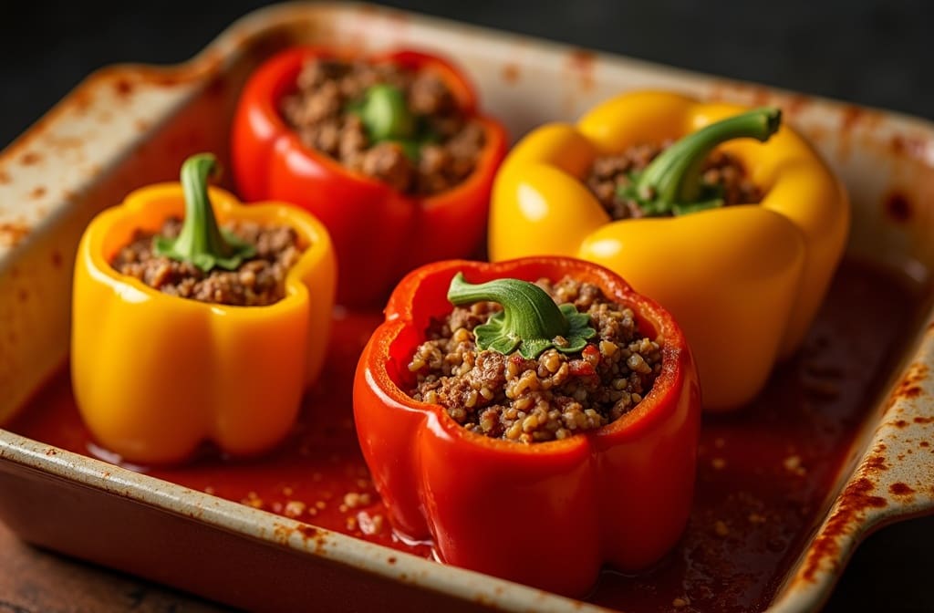 mit hackfleisch gefüllte paprika in tomatensauce vorbereitet zum kochen