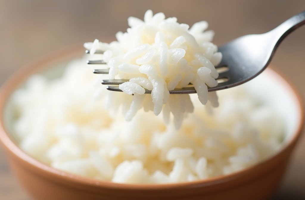 perfekt gekochter lockerer reis auf einer gabel der die antwort auf reis kochen wie lange darstellt