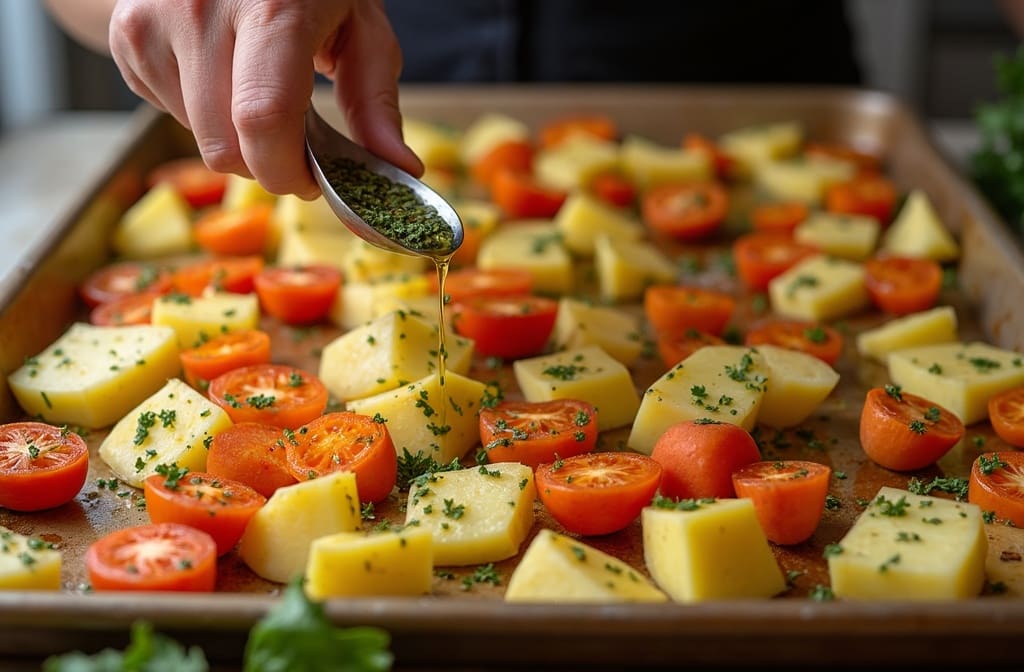 rohes gewürztes gemüse und kartoffeln auf einem backblech bereit für den ofen