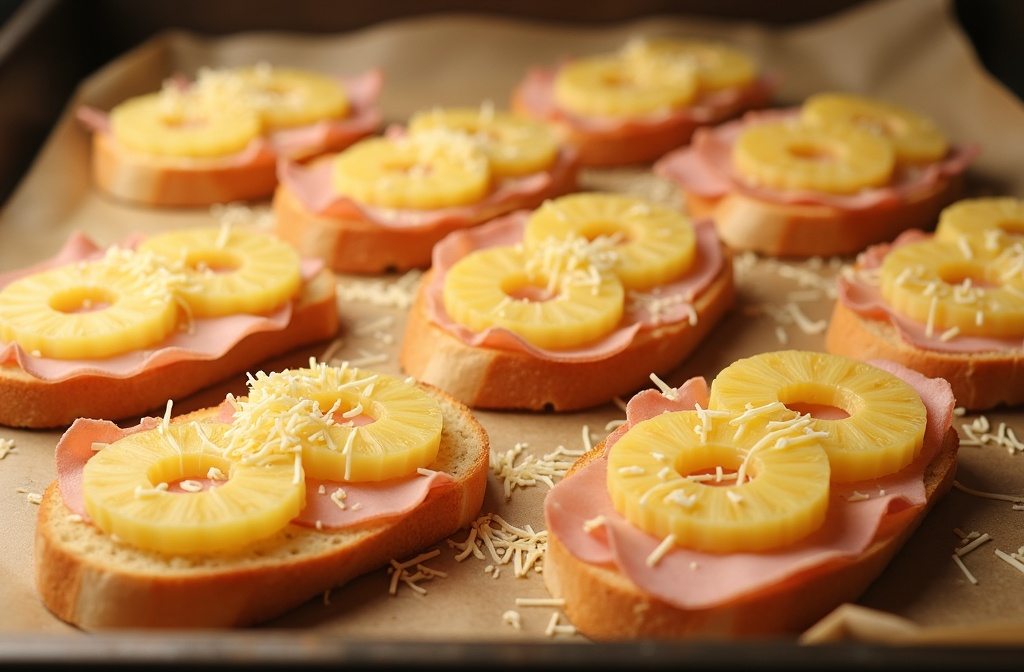 toastscheiben mit schinken ananas und käse bereit als hawaii toast in den ofen zu gehen